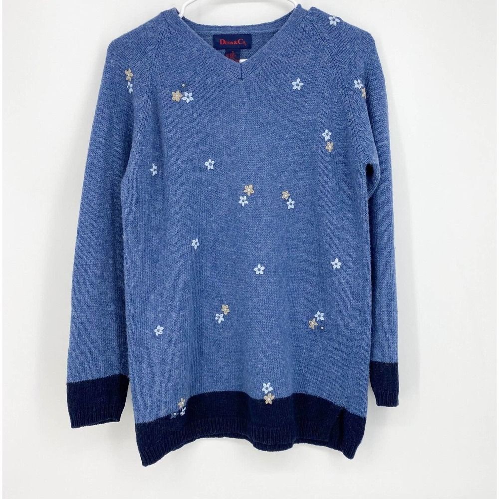 Vintage Denim & Co. Blue Ramie Wool Blend Long Sleeve Sweater Flowers 90s Size S